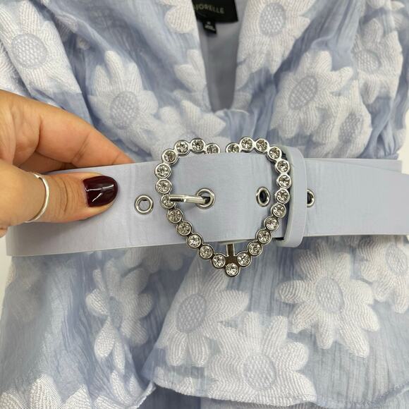 MAJORELLE | Andrea Mini Dress in Powder Blue Floral Jacquard Crystal Belt XS - Picture 7 of 13